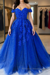 Off the Shouler Royal Blue Lace Semi Formal Prom Dresses, Off Shoulder Blue Lace Formal Evening Dresses